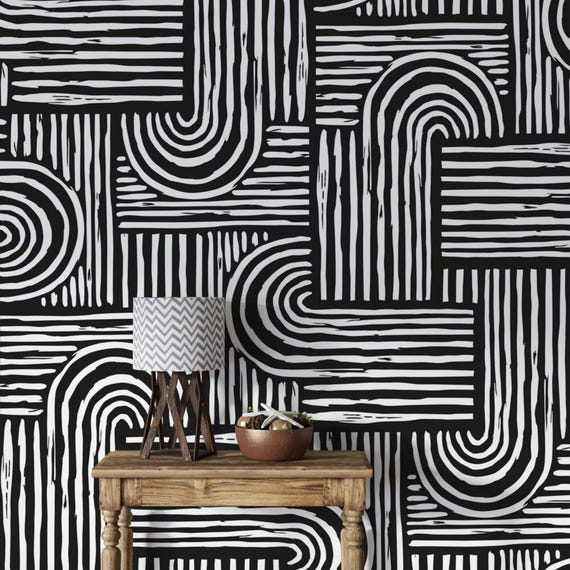 Geometric Line Art Wallpapers, Modern Black and White Abstract Wallpaper, Bold Monochrome Pattern, Contemporary Graphic Home Decor