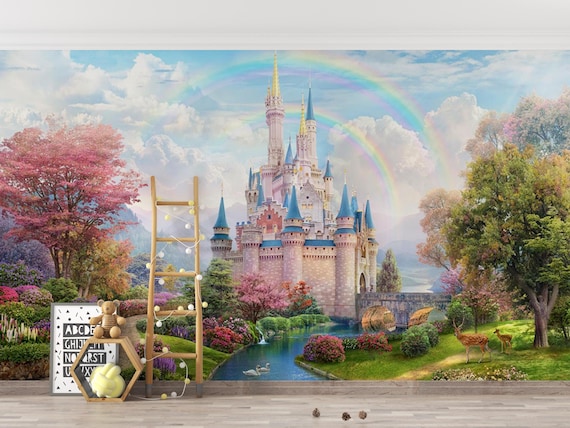 Pink Princess Castle Wallpaper, Kids Room Decor Wall Mural, Traditional and Peel and Stick Wallpaper