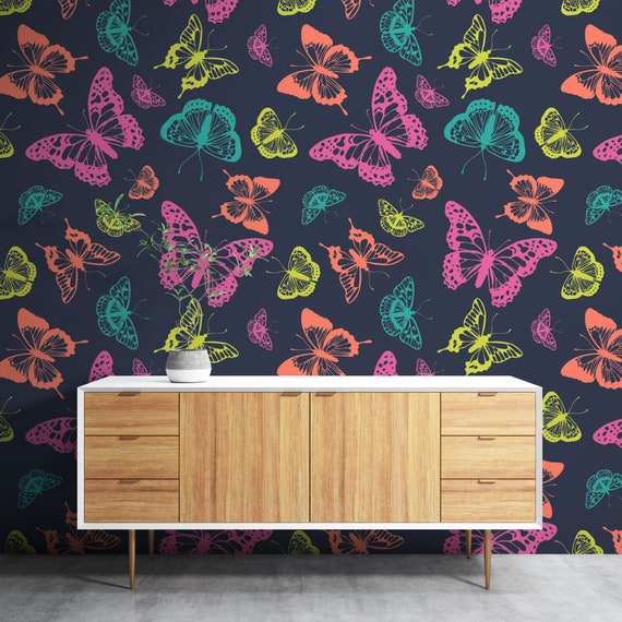 Colour Butterflies Pattern, Dark Background Butterfly Colony Wall Art, Traditional and Peel and Stick Wallpaper