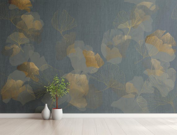 Gold Leaves on Green Wallpaper, Traditional and Peel and Stick Wallpaper