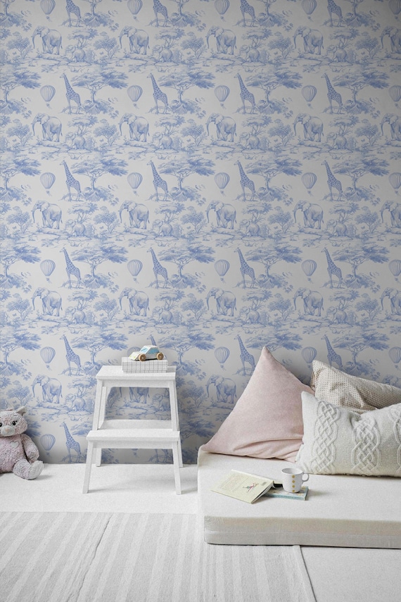 Chinoiserie Jungle Nursery Wallpaper: Blue Toile, Peel & Stick Mural