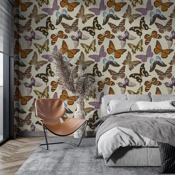 Beige Butterfly Wallpaper, Kaleidoscope Wallpaper, Traditional and Peel and Stick Wallpaper