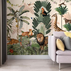 Carta da parati con animali della giungla safari, murale con animali selvatici tropicali con elefanti, giraffe, leoni, tigri e uccelli, esotico paesaggio botanico della foresta pluviale