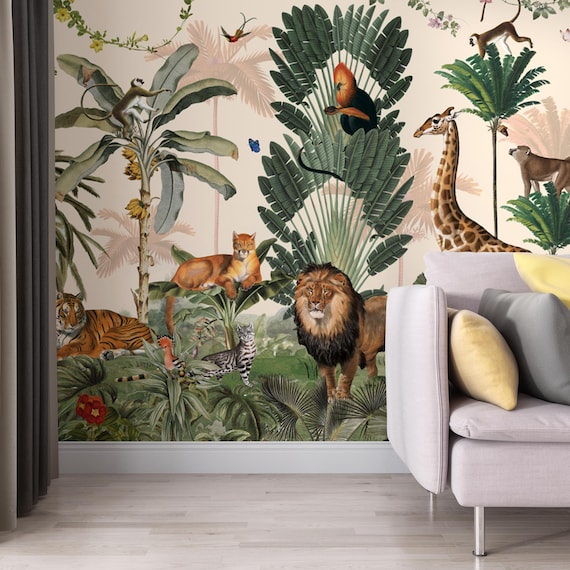 Safari Jungle Animal Wallpaper, Tropical Wildlife Wall Mural with Elephant Giraffe Lion Tiger and Birds, Exotic Rainforest Botanical