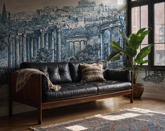 Carta da parati vintage con paesaggio in tela - Rovine greche antiche e colonne classiche, murale dell'Acropoli con inchiostro blu