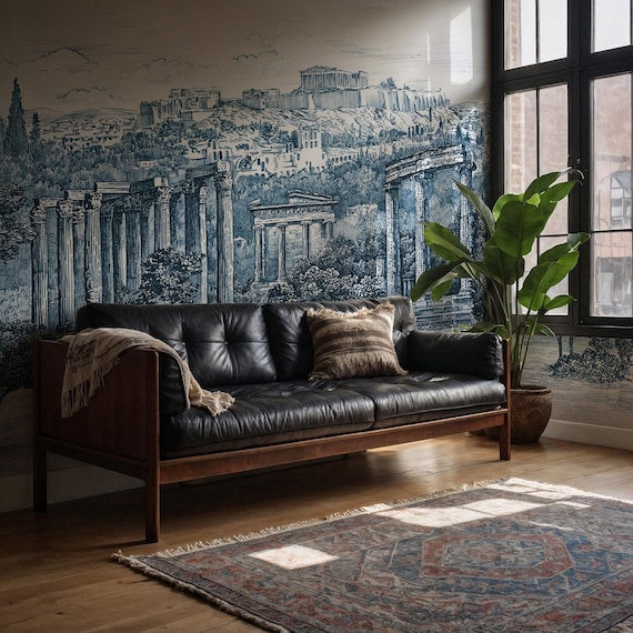 Vintage Toile Landscape Wallpaper - Ancient Greek Ruins And Classical Columns, Blue Ink Acropolis Mural