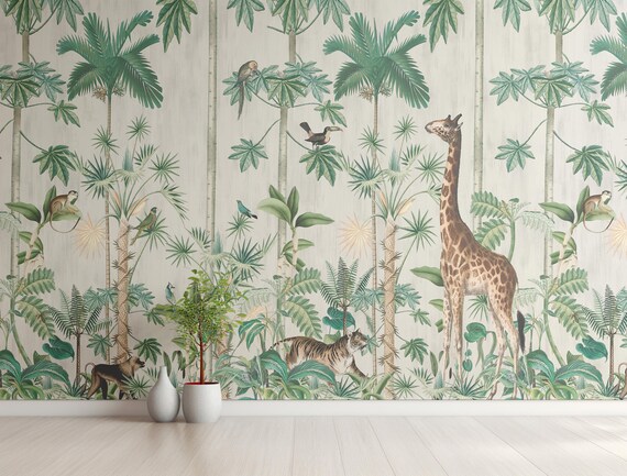 Tropical Jungle Wallpaper - Giraffe & Monkey Design, Kids Room Decor, Animal Print Wall Art, Gift for Nature Lovers