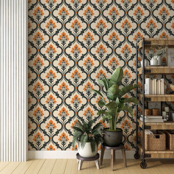 Retro Floral Wallpaper Mural, Vintage Orange Blooms & Geometric Pattern, Bohemian Floral Design for Modern and Mid Century Interiors
