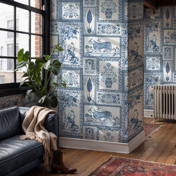 Blue And White Chinoiserie Flowered Wallpaper, Tiger Peacock And Floral Motifs, Peel and Stick Wall Mural, Traditional Wallpaper