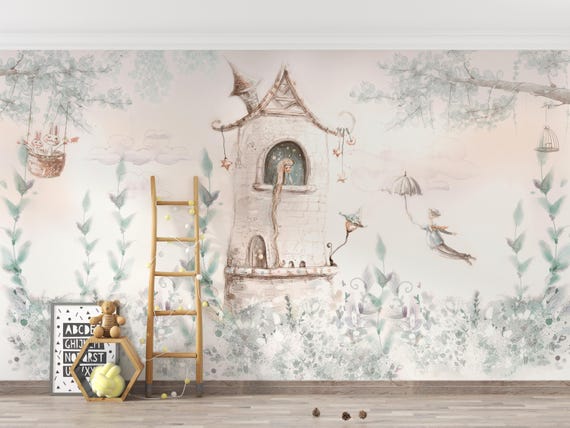 Princess in the Tower Wallpaper, Fairytale Dreams, Pink Colours, Girls Room Wall Mural, Traditional and Peel and Stick Wallpaper