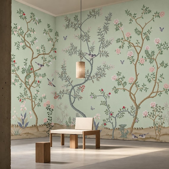 Sage Chinoiserie Bird Wallpaper - Peony Blossom Tree Mural, Butterfly Garden Decor