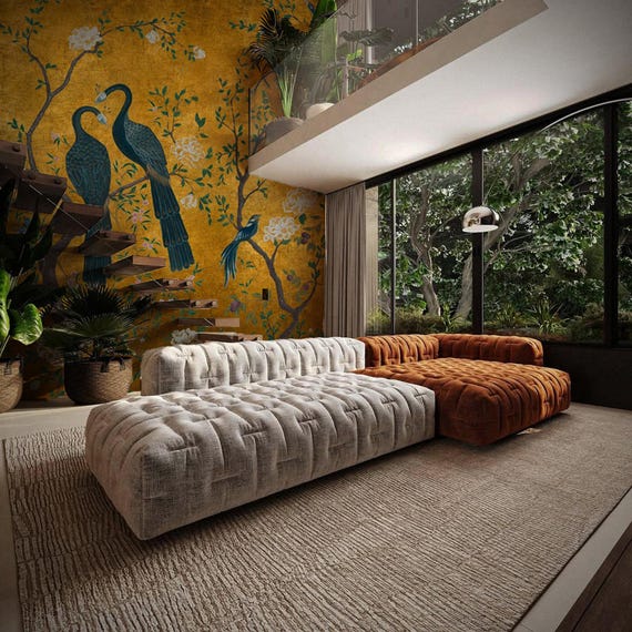 Golden Chinoiserie Wallpaper, Blue Birds Peacocks and Flowering Trees on Golden Wallpaper, Asian Inspired Exotic Garden Scene Mural