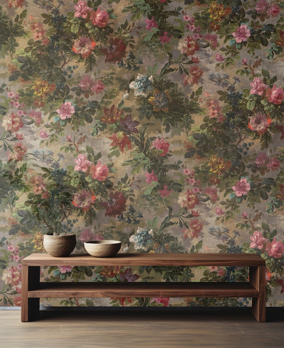 Vintage Floral Garden Wallpaper, Old Garden Elegance, Traditional and Peel and Stick Wallpaper