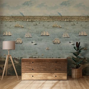 Vintage Sailing Ships And Harbor Scene Wallpaper, Nautical Pell and Stick Wallpaper, Historic Maritime Landscape Removable Wall Mural