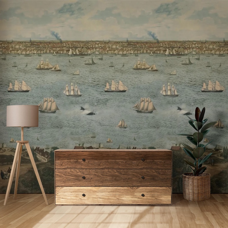 Vintage Sailing Ships And Harbor Scene Wallpaper, Nautical Pell and Stick Wallpaper, Historic Maritime Landscape Removable Wall Mural