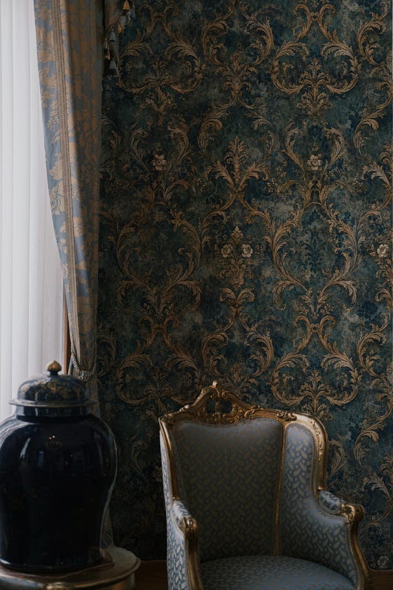 Teal and Gold Floral Vintage Wallpaper, Classic and Elegant Home Decor, Traditional and Peel and Stick Wallpaper