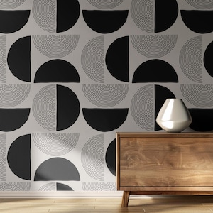 Carta da parati geometrica moderna in bianco e nero, murale astratto minimalista, motivo lineare scandinavo, arredamento contemporaneo per la casa