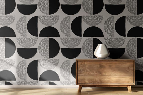Modern Black and White Geometric Wallpaper, Minimalist Abstract Wall Mural, Scandinavian Line Art Pattern, Contemporary Home Decor