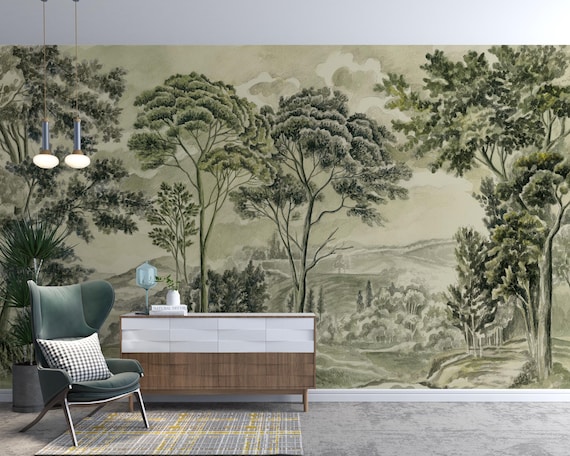 Vintage Forest Landscape Wallpaper, Garden Affair Wallpaper, Watercolor Trees and Rolling Hills in Soft Green Tones Wall Mural