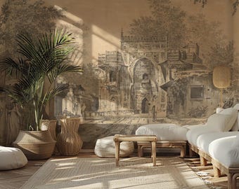 Può includere: Soggiorno con un grande murale raffigurante un'antica scena cittadina europea. La stanza è dotata di un divano bianco, cesti intrecciati, una palma in vaso e un tappeto tessuto. La palette di colori è neutra con sfumature di marrone, beige e bianco.