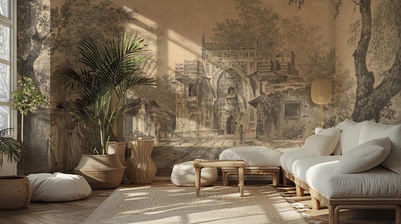 Vintage Architectural Wallpaper: Sepia Ink Drawing, Historic Archway