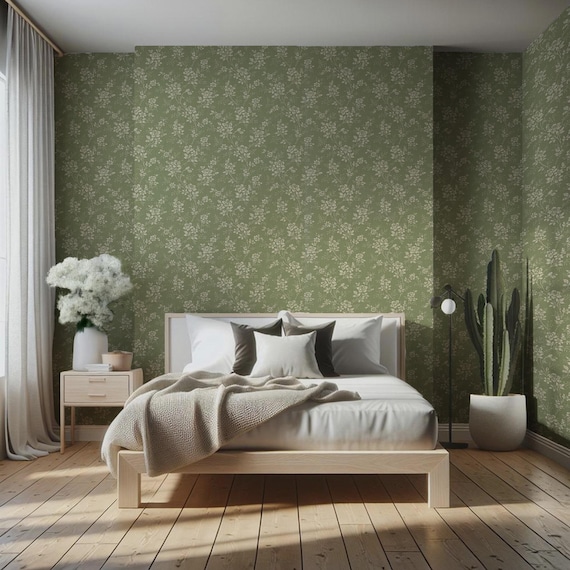 Green Tendrils Vintage Wallpaper for Boho Home Decor, Floral Green Pattern, Traditional and Peel and Stick Wallpaper