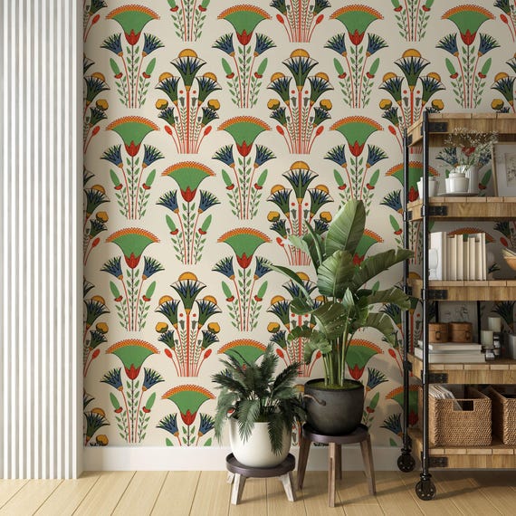 Ancient Egyptian Lotus Wallpaper, Vintage Floral Papyrus Wall Mural, Colorful Botanical Pattern, Retro Historical Wall Art Decor
