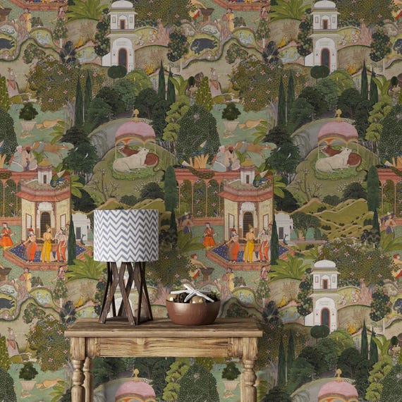 Indian Wallpaper, Lush Jaipur Garden Wallpaper Mural, Traditional and Peel and Stick Wallpaper
