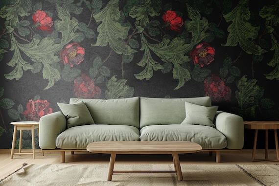 Gothic Style Dark Floral Wallpaper, Elegant Black & Red Rose Pattern, Vintage Botanical Wall Mural, Dramatic Victorian Floral Home Decor