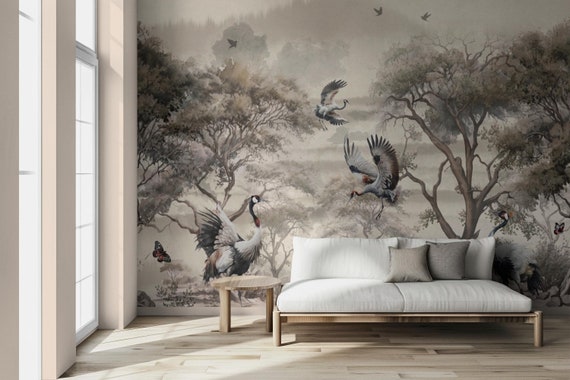 Serenity Crane Nature Wallpaper Mural, Crane and Butterflies in a Tranquil Forest Scene, Traditional and Peel and Stick Wallpaper