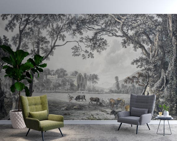 Pastoral Landscape Wallpaper,  Valle Crucis Abbey, with Cows and Ruins, Classic English Countryside Style for Vintage Farmhouse Wall Decor
