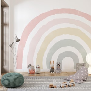Boho Pastel Rainbow Peel and Stick Wallpaper, Minimalist Kids Room Wall Mural, Watercolor Rainbow Traditional Wallpaper