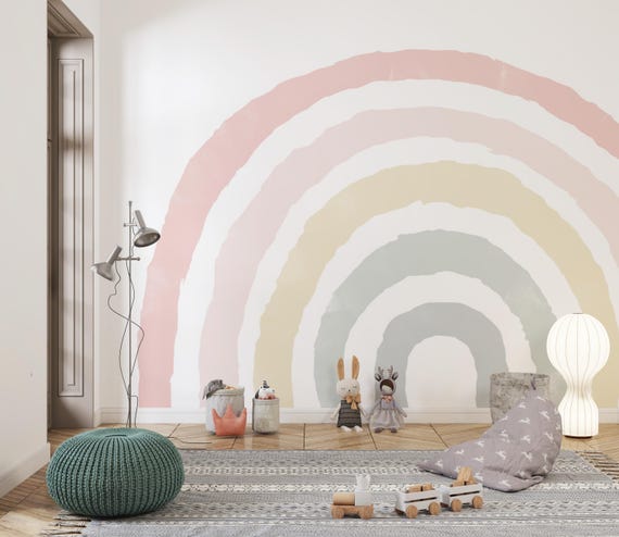 Boho Pastel Rainbow Peel and Stick Wallpaper, Minimalist Kids Room Wall Mural, Watercolor Rainbow Traditional Wallpaper