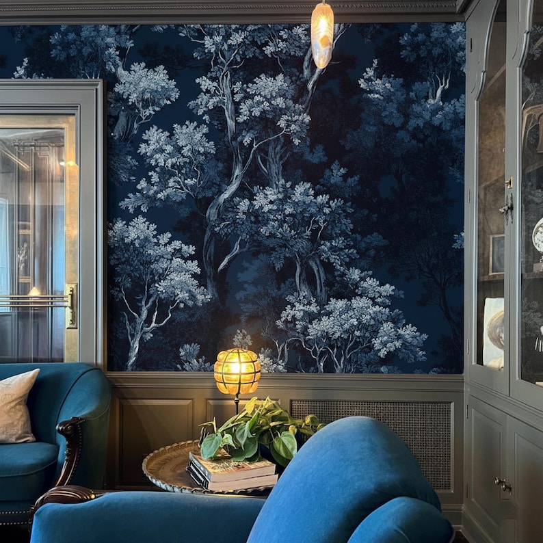Midnight Blue Forest Wallpaper - Vintage Toile Tree Pattern Peel and Stick Wall Decor

Midnight Blue Wallpaper, Dark Forest Wallpaper, Blue Toile Mural, Botanical Tree Pattern, Woodland Wall Decor, Moody Forest Wallpaper, Navy Botanical Wallpaper, Elegant Dark Wall Mural, Vintage Toile Wallpaper, Enchanted Forest Design, Deep Blue Wall Art, Luxury Wallpaper Mural, Classic Botanical Print