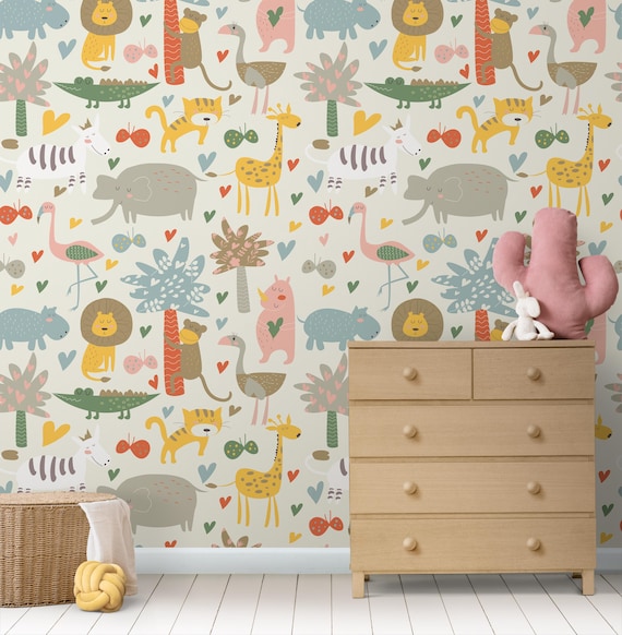 Adorable African Animals Wallpaper, Perfect for Kids Rooms, Traditional and Peel and Stick Wallpaper