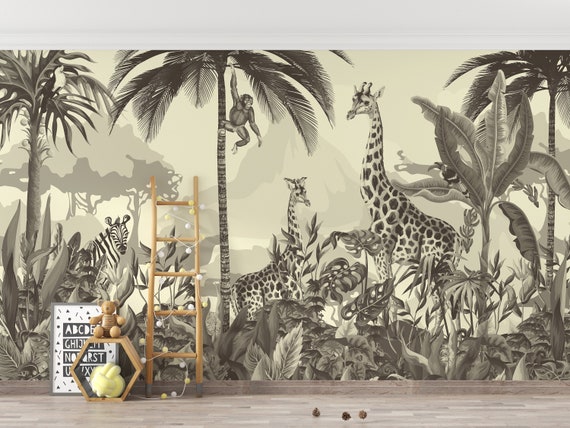 Tropical Safari Animals Forest Wallpaper, Kids Safari Jungle Animals, Traditional and Peel and Stick Wallpaper
