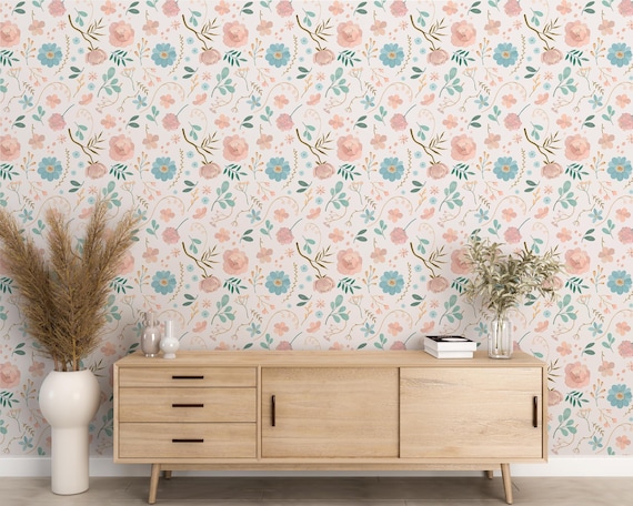 Watercolor Floral Mural, Minimal Flower Wallpaper, Delicate Botanical Design, Traditional and Peel and Stick Wallpaper