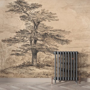 Lebanese Cedar Tree Wall Mural: Vintage Countryside Peel and Stick Wallpaper