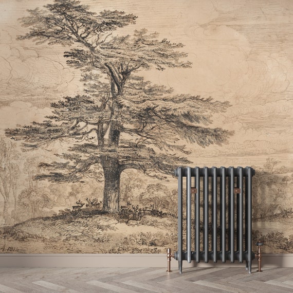 Lebanese Cedar Tree Wall Mural, Large Trees Countryside Vintage Wallpaper, Traditional and Peel and Stick Wallpaper