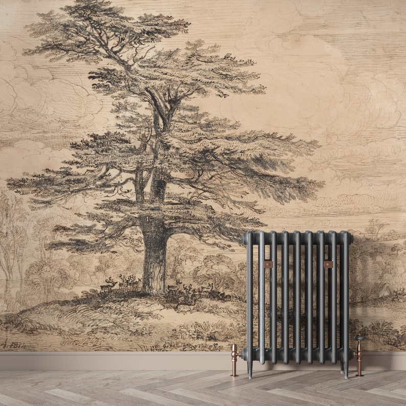 May include: A black cast iron radiator with a vintage design, set against a wall with a hand-drawn wallpaper depicting a large tree and a landscape.