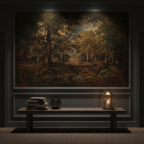 Gloomy Woodland Wallpaper - Dark Moody Woodland Painting with Golden Autumn Trees Wall Mural