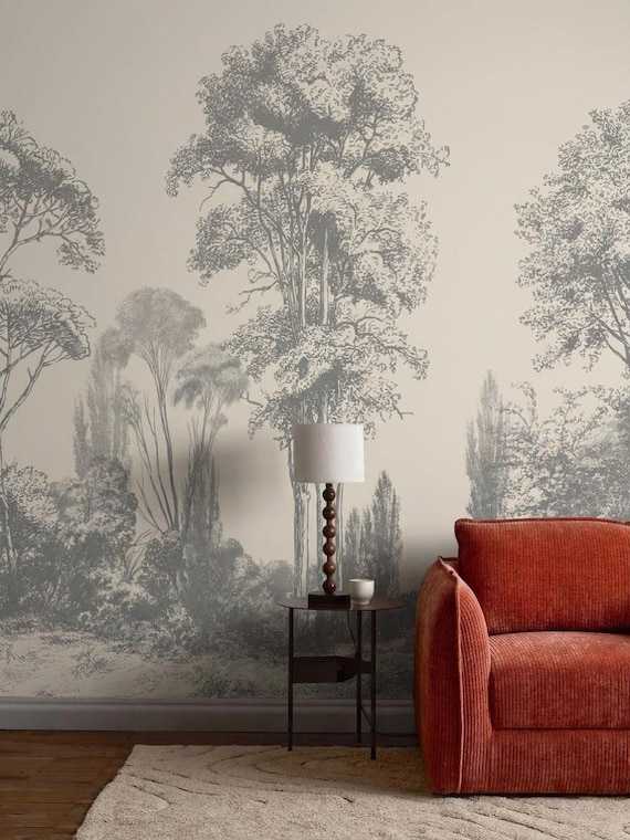 Vintage Tree Landscape Wallpaper - Hand Drawn Forest Peel and Stick Wall Mural