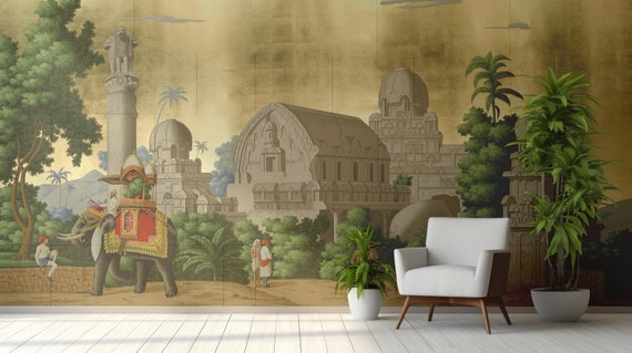 Indian Palace Wallpaper, Elephant and Temple Scene, Mughal Architecture Decor, Traditional and Peel and Stick Wallpaper