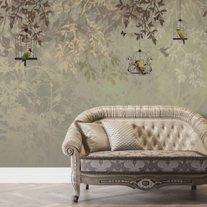 Verzauberte Waldvogelkäfig-Tapete, Vintage botanischer Garten-Wandbild, mystische Naturwandkunst mit Papageien und Singvögeln, grünes Waldland