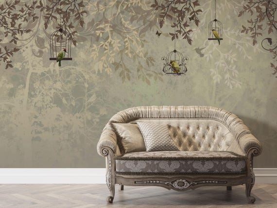 Enchanted Forest Birdcage Wallpaper, Vintage Botanical Garden Mural, Mystical Nature Wall Art with Parrots and Songbirds, Green Woodland
