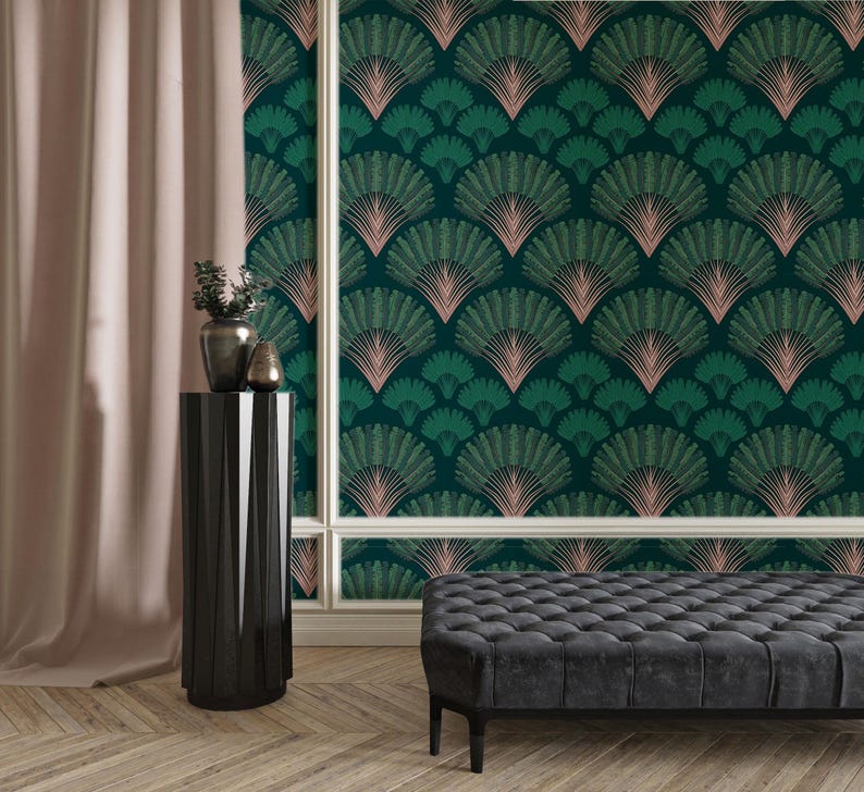 Art Deco Palm Leaf Wallpaper Mural: Dark Green Tropical Wall Decor - Etsy