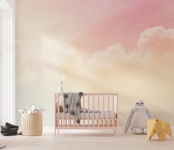 Pastel Cloud Wallpaper, Sky and Clouds Nursery Wall Mural, Light Pink Clouded Mural,  Traditional and Peel and Stick Wallpaper