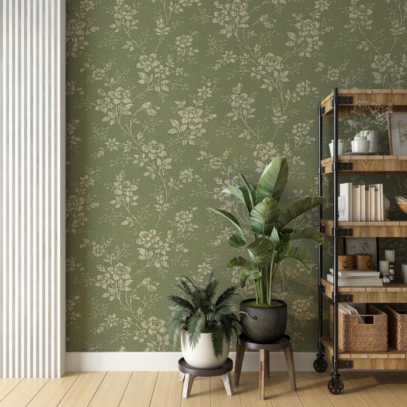 Green Tendrils Vintage Wallpaper for Boho Home Decor, Floral Green Pattern, Traditional and Peel and Stick Wallpaper