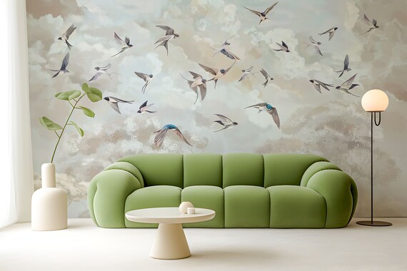 Clouds and Birds in Flight Wallpaper, Trees and Sky in Pastel Style, Traditional and Peel and Stick Wallpaper