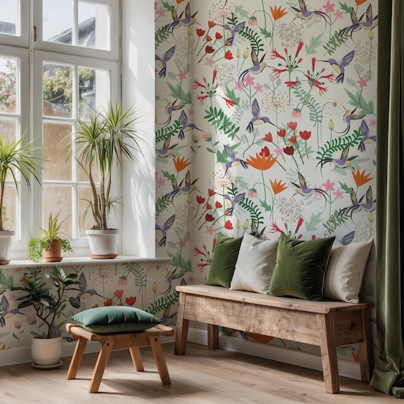 Hummingbird and Wildflower Wallpaper - Botanical Nature Inspired Bird and Floral Wall Mural